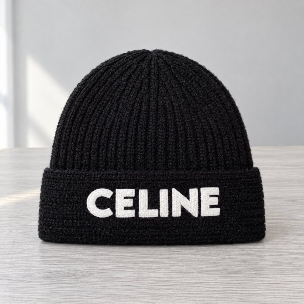 CELINE Black Ribbed Knit Beanie - Picture 1 of 6